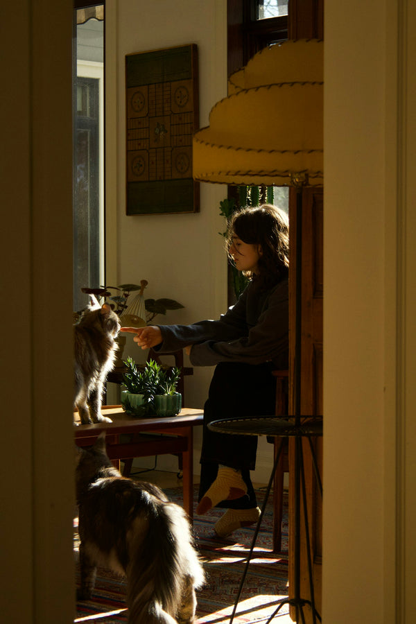 Femme assise à table avec un chat et un chien